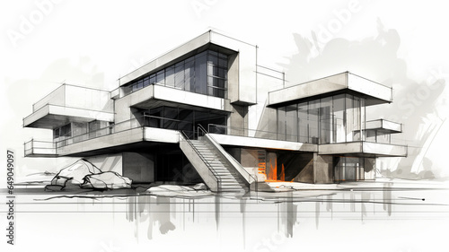Urban planning architecture design sketch drawing style, business building with sustainable elements