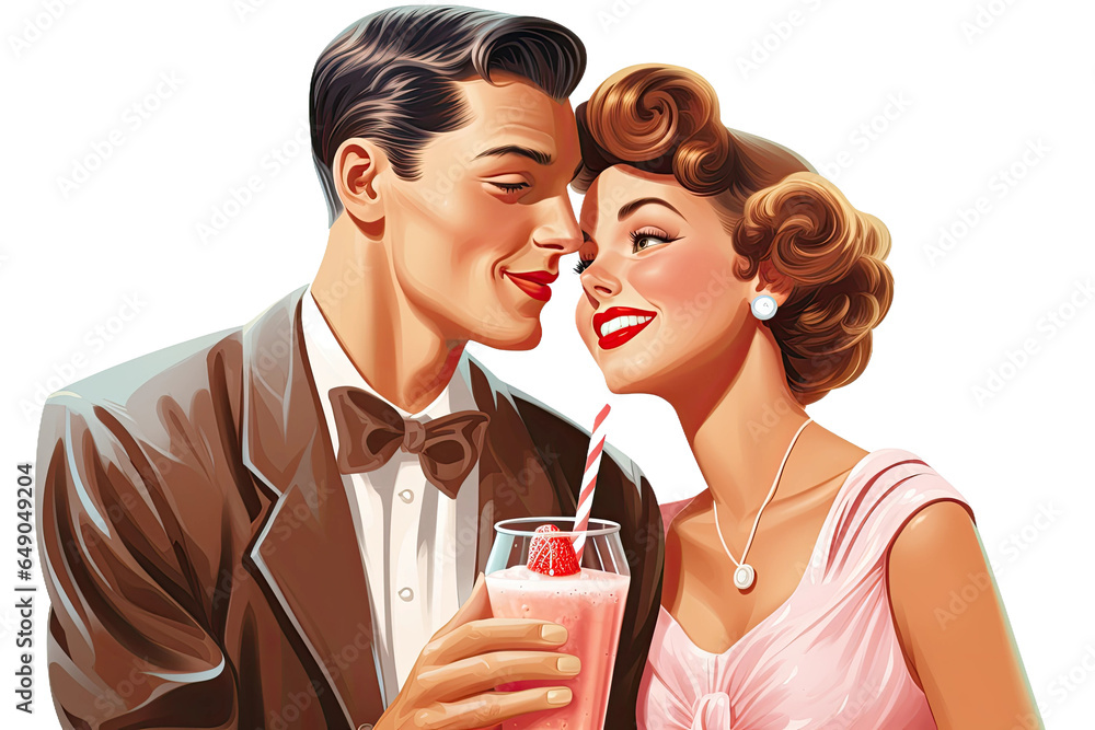 couple sharing a milkshake with two straws vintage illustration isolated on a transparent background, generative ai - obrazy, fototapety, plakaty 