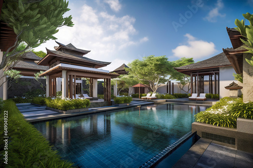 Tranquil Oasis: Exploring the Serene Japanese-Style Pool at a Luxury Hotel in the Heart of Nature, ai generative