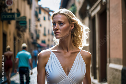 Blonde Beauty in the City: A Chic Tourist Explores Urban Charms in a White Dres, ai generative