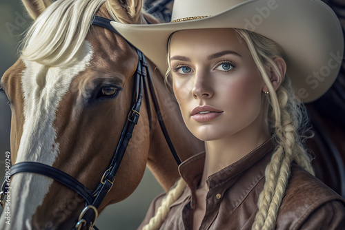 Blonde Cowgirl: Urban Adventure with a Stylish Equine Companion, ai generative photo