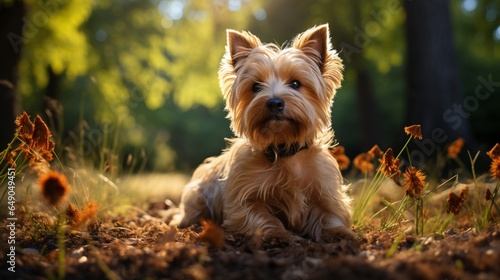 A Norwich Terrier's graceful stance captured against a backdrop of lush greenery. © nomi_creative