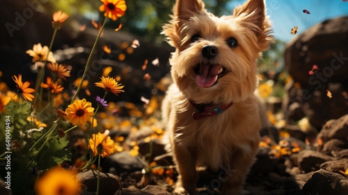 A Norwich Terrier s playful expression as it eagerly chases a colorful butterfly.