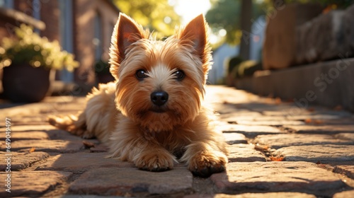 A Norwich Terrier's shadow cast on a brick wall during a sunny afternoon stroll. © nomi_creative