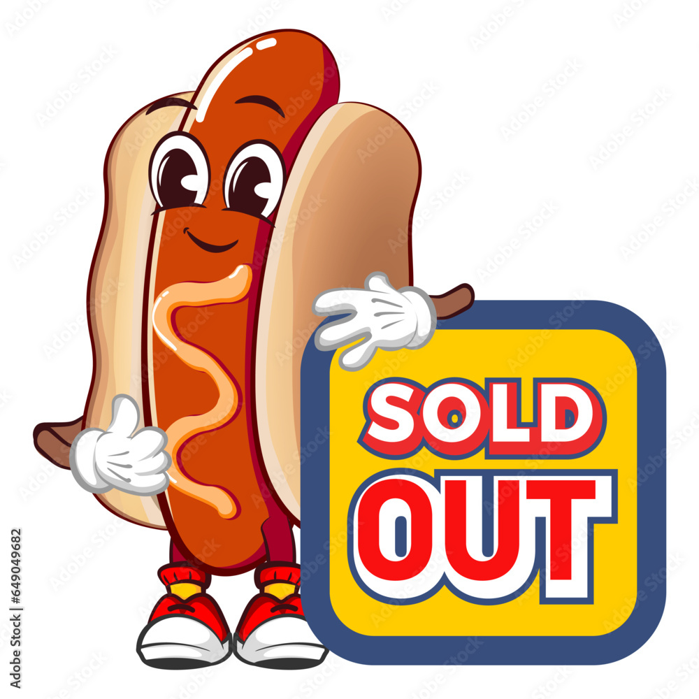 Cute happy hot dog mascot giving thumbs up sign next to sign saying