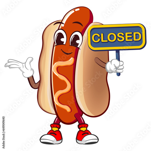 cute happy hot dog mascot carrying a business sign that says closed. Isolated vector flat cartoon character illustration design
