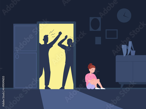 Child fear divorce. Miserable sad children from family quarrel, screaming divorced couple parents and suffering teenager girl