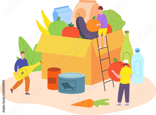Shelter food donation. Volunteer teamwork collects meal in box storage for hunger people, grocery aid volunteering charity assistance service person foods share vector illustration