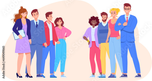 Teams opposition. Team rivalry, people opposite business opponents, corporate battle war employees competition group with leader work challenges concept, job vector illustration