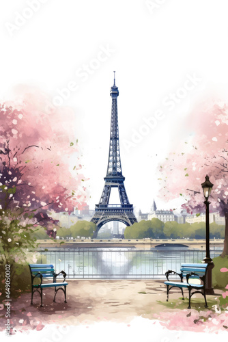 romantic paris cityscape with eiffel tower vintage illustration isolated on a transparent background, generative ai