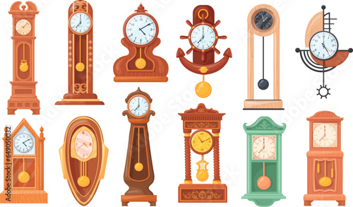 Pendulum clocks. Cartoon antique clock for grandfather livingroom wall, elegant old watch wooden vintage cuckoo watches, precision clock-face historic time neat vector illustration