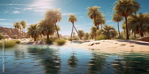 desert oasis, shimmering water surrounded by palm trees, framed by sand dunes. Sunlight reflecting off the water