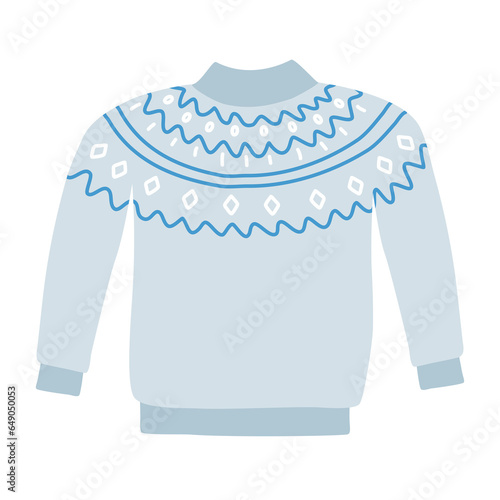 Warm knitted sweater with jacquard pattern, doodle style flat vector