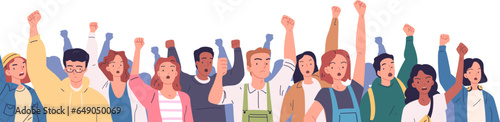 Crowd protesters fists. Angry protester with fist up on political demonstration strike or revolution, protesting anger people raise hand