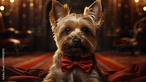 A regal Norwich Terrier adorned with a festive bow tie, ready for a special occasion.