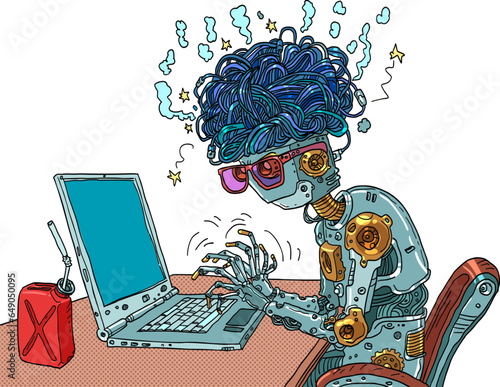 Artificial intelligence chat bot works and processes data from the Internet. Automation and robotization of the process. Increased ability to develop our technologies. The robot sits at the computer