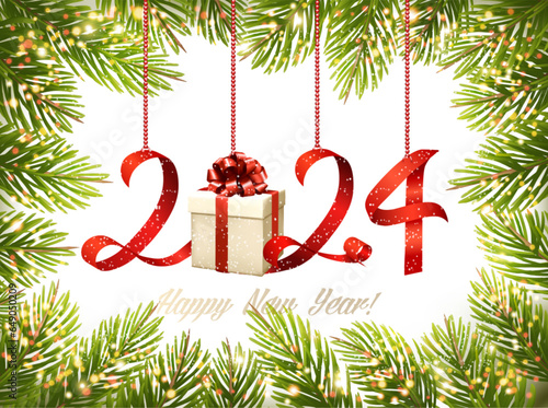 Merry Christmas and Happy New Year background with tree branches and numbers2024. Vector.