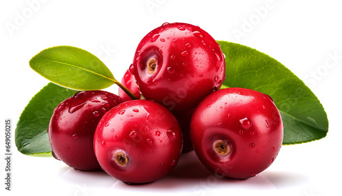 Delicious fresh cranberry with green leaves isolated on white background