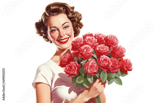 woman holding bouquet of red roses smiling vintage illustration isolated on a transparent background, generative ai