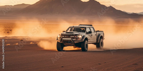Off - road vehicle racing across a flat desert, dust trail behind, mountains in the distance, action shot © Marco Attano