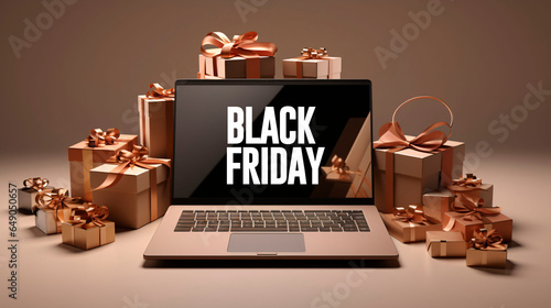 Black friday sale concept. Laptop with gifts and products