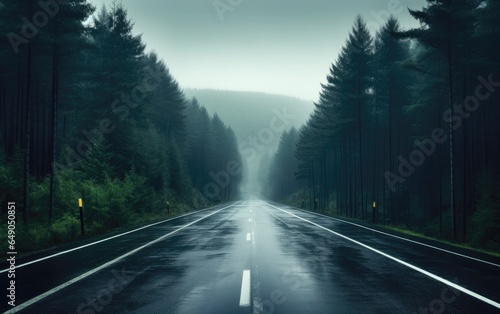 A straight road in the middle in rainy day with trees on both sides. Generative AI