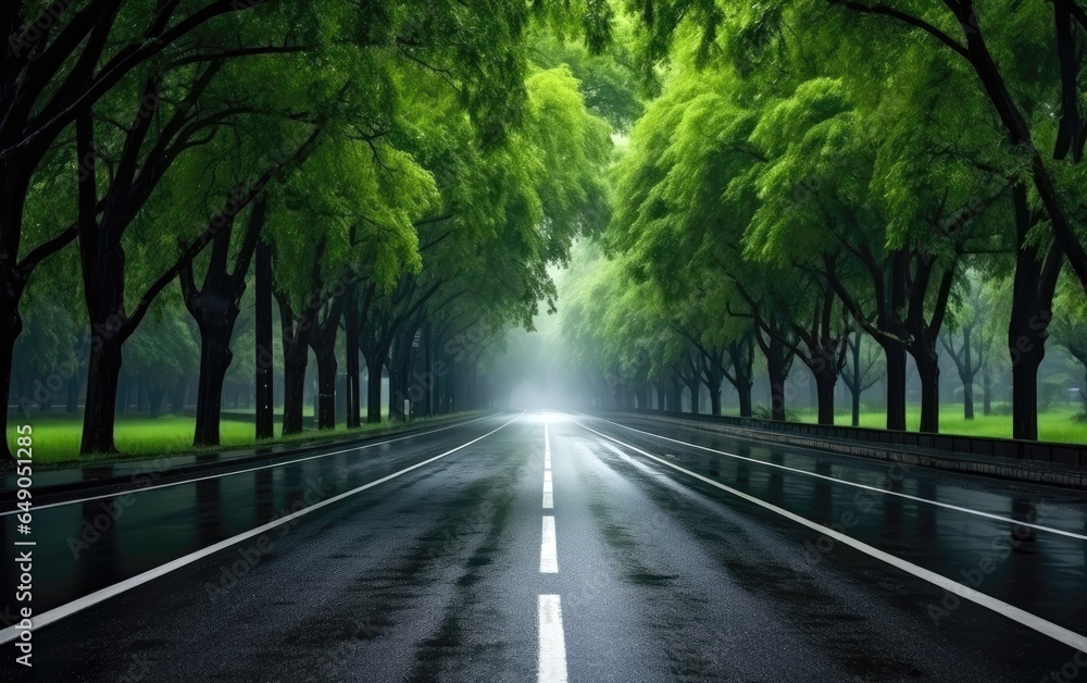 A straight road in the middle in rainy day with trees on both sides. Generative AI