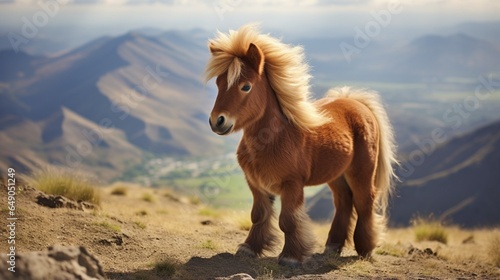 miniature horse with a luxurious mane standing proudly on a hill with a panoramic view. © nomi_creative