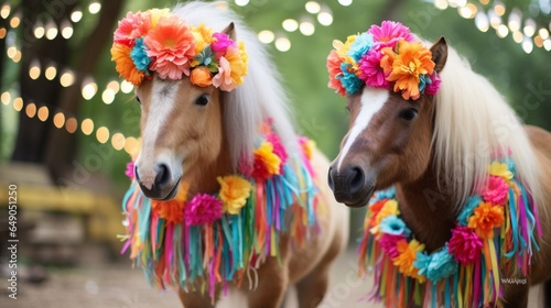 Miniature horses adorned with colorful flower garlands, adding charm to a festive scene.