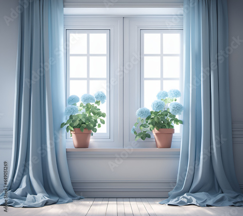 Potted plant on the windowsill of a large living room window, design of a bright room in blue tones