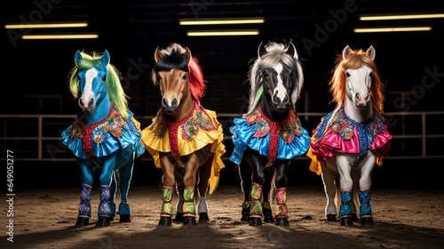 Miniature horses dressed in vibrant costumes, ready to dazzle in a circus performance.