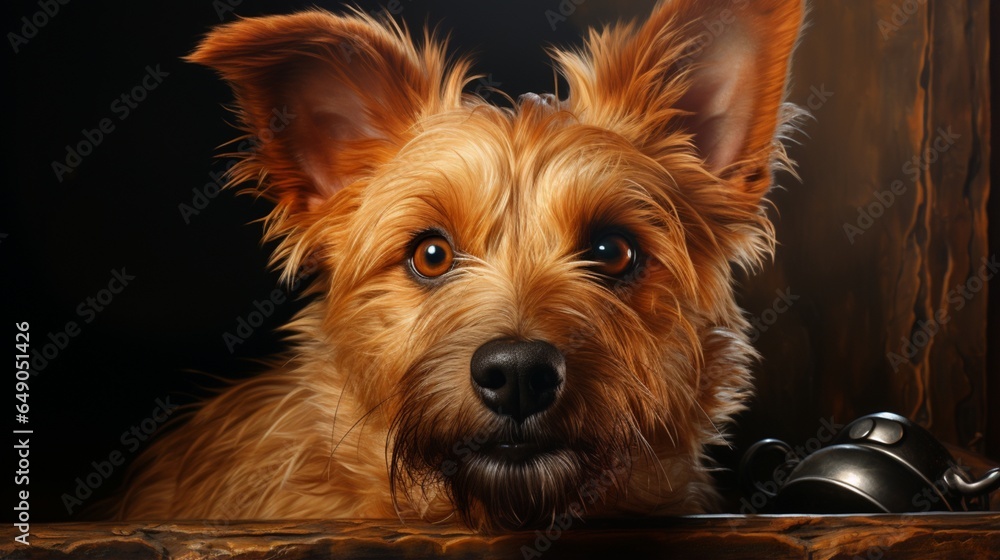 Portrait of a Norwich Terrier with its ears perked up, showing its alertness and curiosity. - obrazy, fototapety, plakaty 