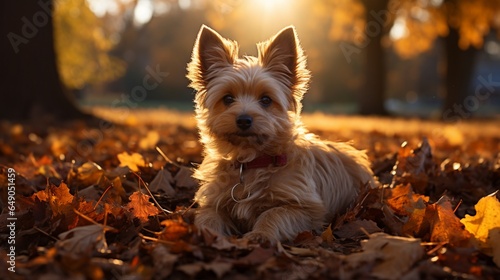 Shadows and highlights accentuate the contours of a Norwich Terrier's fur in the golden hour light. © nomi_creative