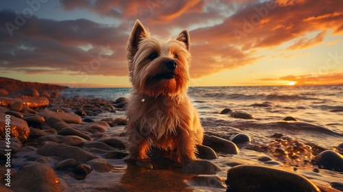 Silhouette of a Norwich Terrier against the backdrop of a stunning sunset at the beach.