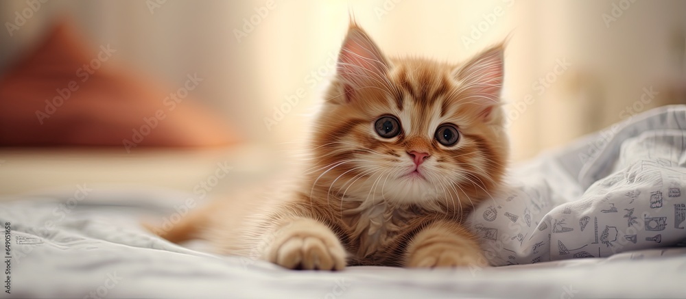 Adorable baby cat resting on the bed