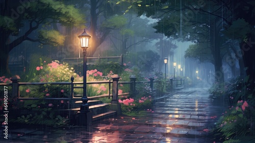 Anime-style illustration of a beautiful park with lush foliage in the rain