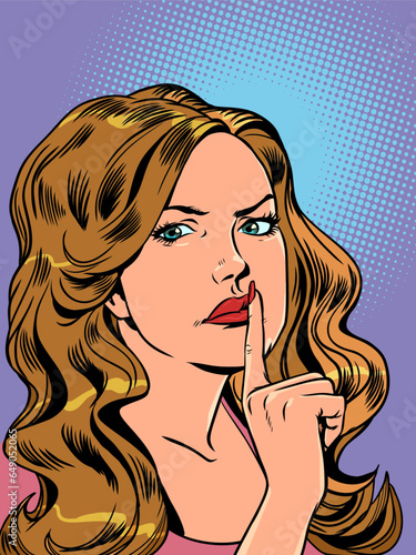 Peace and quiet in the room. The need to keep a secret. Girl showing silence sign