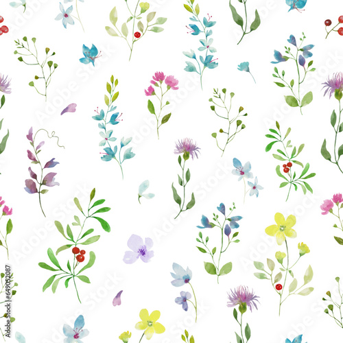 Watercolor floral seamless pattern. Hand drawn illustration isolated on white background. Vector EPS.