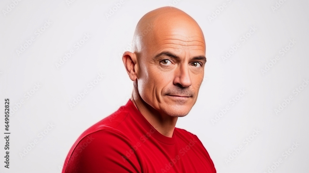 Obraz premium Serious handsome bald and shaved man in front of a light gray background. Banner for advertisement