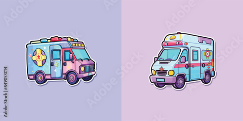 ambulance sticker. kawaii cartoon illustration