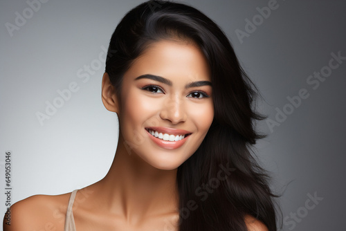 Close up indian woman with perfect straight hollywood white teeth smile