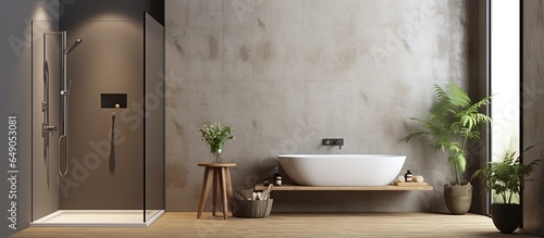 a contemporary bathroom featuring concrete walls a white sink square mirror wooden floor and a shower stall
