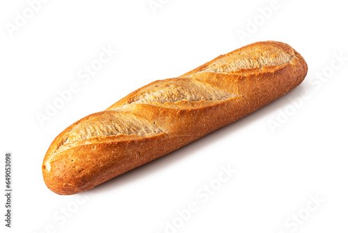 French baguette with crispy crust on a white background