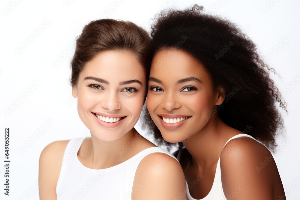 Two women of different nationalities with perfect healthy teeth and smile Two women of different nationalities with perfect healthy teeth and smile
