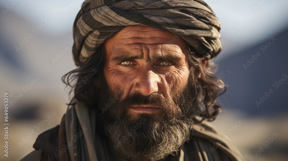 A tenderhearted Afghan gentleman, his scruffy beard contrasting his soft eyes. His traditional attire subtly indicates his homeland. His calm demeanor conceals a warrior who fights ceaselessly A tenderhearted Afghan gentleman, his scruffy beard contrasting his soft eyes. His traditional attire subtly indicates his homeland. His calm demeanor conceals a warrior who fights ceaselessly