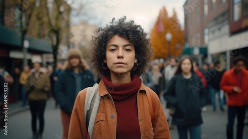 Standing tall is a Latinx lesbian woman in her mid20s, her short, curly hair framing a visage of quiet defiance. Clad in a flannel shirt, her seasoned hands bear the numerous protest signs,