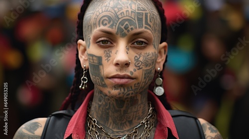 A person of indeterminable gender, with gauged earlobes and tattoos splayed across their neck and arms hold a placard an intricately woven tapestry of protest and personal expression.