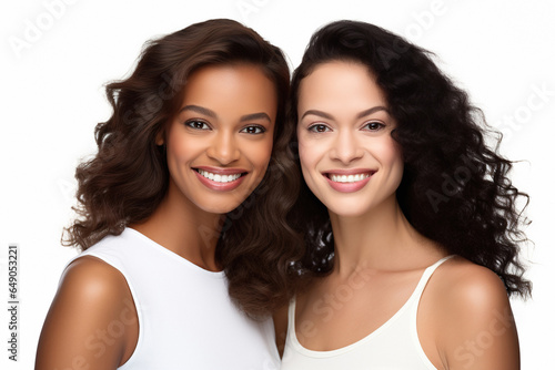 Two women of different nationalities with perfect healthy teeth and smile