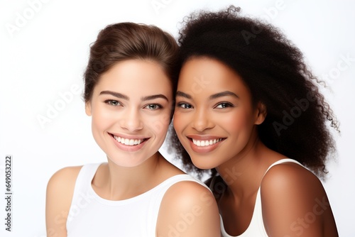 Two women of different nationalities with perfect healthy teeth and smile