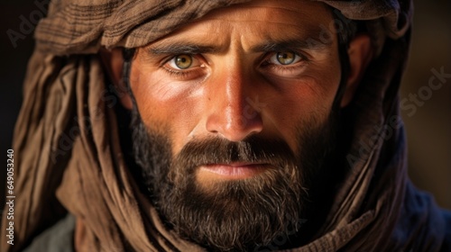 An Afghan man in his late 30s stands, his sunkissed complexion and unkempt beard revealing a life of toil and hardship. The traditional shalwar kameez he wears bears signs of wear and tear